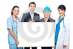 Happy different workers holding banner