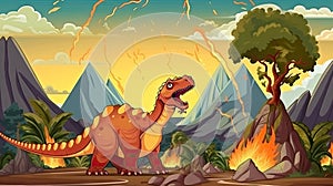 Happy Dinosaur and Diplodocus in a Cartoon Scene near an Erupting Volcano. Perfect for Children's Books and Educational