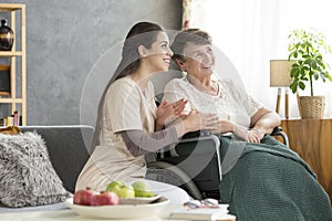 Happy disabled elderly woman
