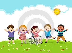 Happy disabled girl in a wheelchair and her friends jumping together