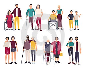 Happy disabled people with friends. Cartoon flat illustrations set.