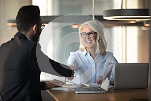 Happy diverse businesspeople handshake greeting at office meeting