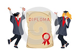 Happy diverse graduates dancing in academic gown, graduation caps near diploma