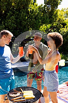 Happy diverse group of friends having pool party, barbecuing together in garden