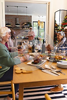 Happy diverse group of senior friends celebrating at christmas dinner in sunny dining room at home