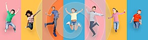 Happy Diverse Kids Jumping Posing Over Different Colorful Backgrounds, Collage