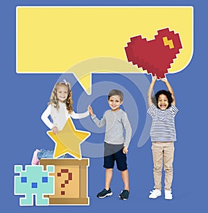 Happy diverse kids with pixilated gaming icons