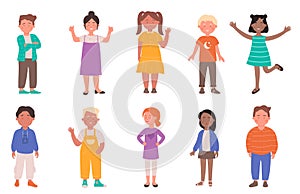 Happy diverse little cute kids vector illustration. Cartoon flat child characters group smiling, preschool or school.