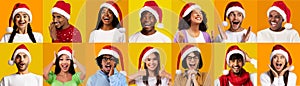 Happy Diverse Multiethnic People In Santa Hats Posing Over Yellow Toned Backgrounds