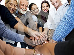 Happy diverse people connected together