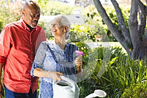 Happy diverse senior couple gardening in sunny garden