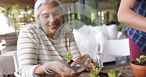 Happy diverse senior couple sitting at table and planting plants to pots on porch