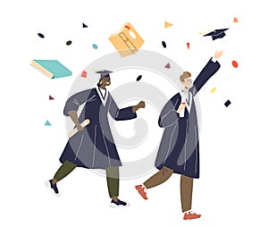 Happy diverse students couple celebrate graduation throwing caps up. Cheerful alumnus man and woman