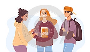 Happy diverse students on a school break. Girls and a guy talking. Group of people. Flat vector illustration.