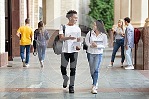 Happy diverse students walking in college campus