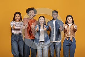 Happy diverse team giving thumbs up on orange background