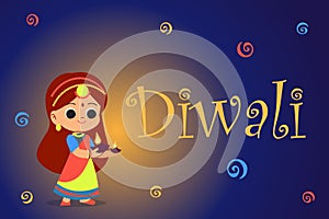 Happy Diwali. Celebration Background With Cute Girl Holding Lit Oil Lamp Diya. Vector banner photo