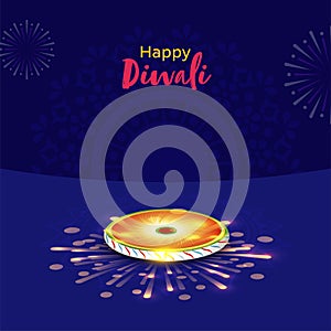 Happy Diwali Celebration Concept With Realistic Fireworks Chakri On Blue Mandala Pattern