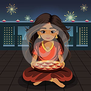 Happy Diwali Celebration Poster or Card Design with Beautiful Indian Girl Character Holding Burning Diya Plate and Sit photo