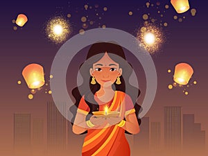 Happy Diwali Celebration Poster or Card Design with Beautiful Indian Woman Character Holding Lit Diya Against City Building in Sky photo