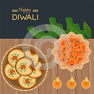 Happy diwali celebration with three candles and food in table wooden