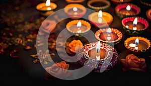 Happy Diwali Clay Diya lamps lit during Dipavali Hindu
