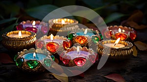 Happy Diwali - Clay Diya lamps lit during Dipavali, Hindu festival of lights celebration. Generative AI