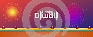 Happy Diwali festival background with crackers. Vector illustration of an Indian house decorated with an Indian Diya oil lamp