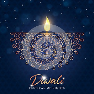 Happy diwali festival card gold indian diya candle