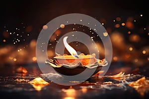 Happy Diwali festival with diya oil lamp and floral mandala on night blurred bokeh background. Indian colorful traditional