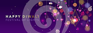 Happy Diwali festival of lights, creative modern lights hanging bokeh background, vector illustration