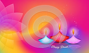 Happy Diwali Festival of Lights India Celebration colorful template. Graphic banner design of Indian Lotus Diya Oil Lamps, Modern