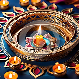 Happy Diwali greeting cards gold diya lamps, Aqua Bule theme illustration