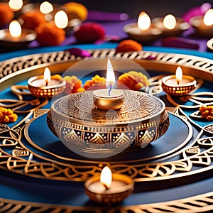 Happy Diwali greeting cards gold diya lamps, Aqua Bule theme illustration