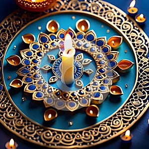 Happy Diwali greeting cards gold diya lamps, Aqua Bule theme illustration