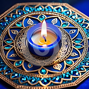 Happy Diwali greeting cards gold diya lamps, Aqua Bule theme illustration