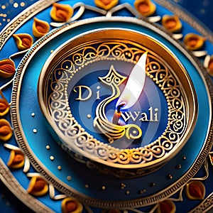 Happy Diwali greeting cards gold diya lamps, Aqua Bule theme illustration