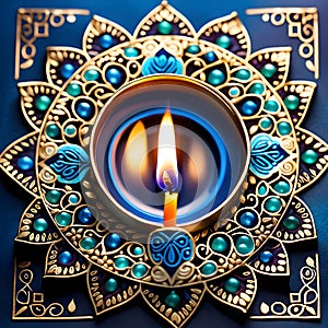 Happy Diwali greeting cards gold diya lamps, Aqua Bule theme illustration