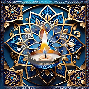 Happy Diwali greeting cards gold diya lamps, Aqua Bule theme illustration