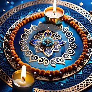 Happy Diwali greeting cards gold diya lamps, Aqua Bule theme illustration