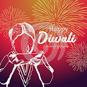 Happy Diwali greeting design with children hand drawn and burning diya illustration.