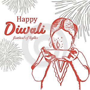 Happy Diwali greeting design with vintage hand drawn child girl, burning diya, and fireworks background. Vector illustration for c