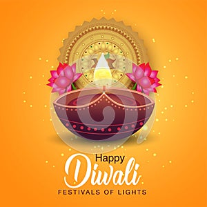 Happy diwali greetings. diya decoration with Rangoli design. vector illustration