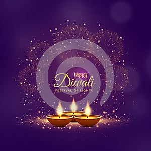 Happy diwali greetings festive background in violet color with fireworks and lamp