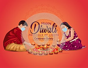 Happy Diwali greetings vector illustration. illustration of children`s making Rangoli and diya decoration. covid corona virus