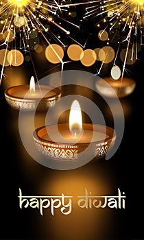 Happy Diwali Hindu festival candle lights holiday greeting card vector Sanskrit text