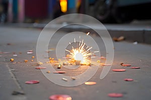 Happy Diwali - Lit diya lamp on street with firecrackers, neural network generated photorealistic image