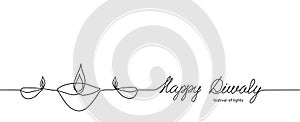 Happy Diwali minimal black and white banner or background with one line drawing oil lamp. Indian festival of lights