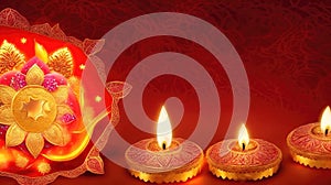 Happy Diwali - Oil lamps lit on colorful rangoli during Diwali indian celebration Generative AI