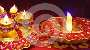 Happy Diwali - Oil lamps lit on colorful rangoli during Diwali indian celebration Generative AI